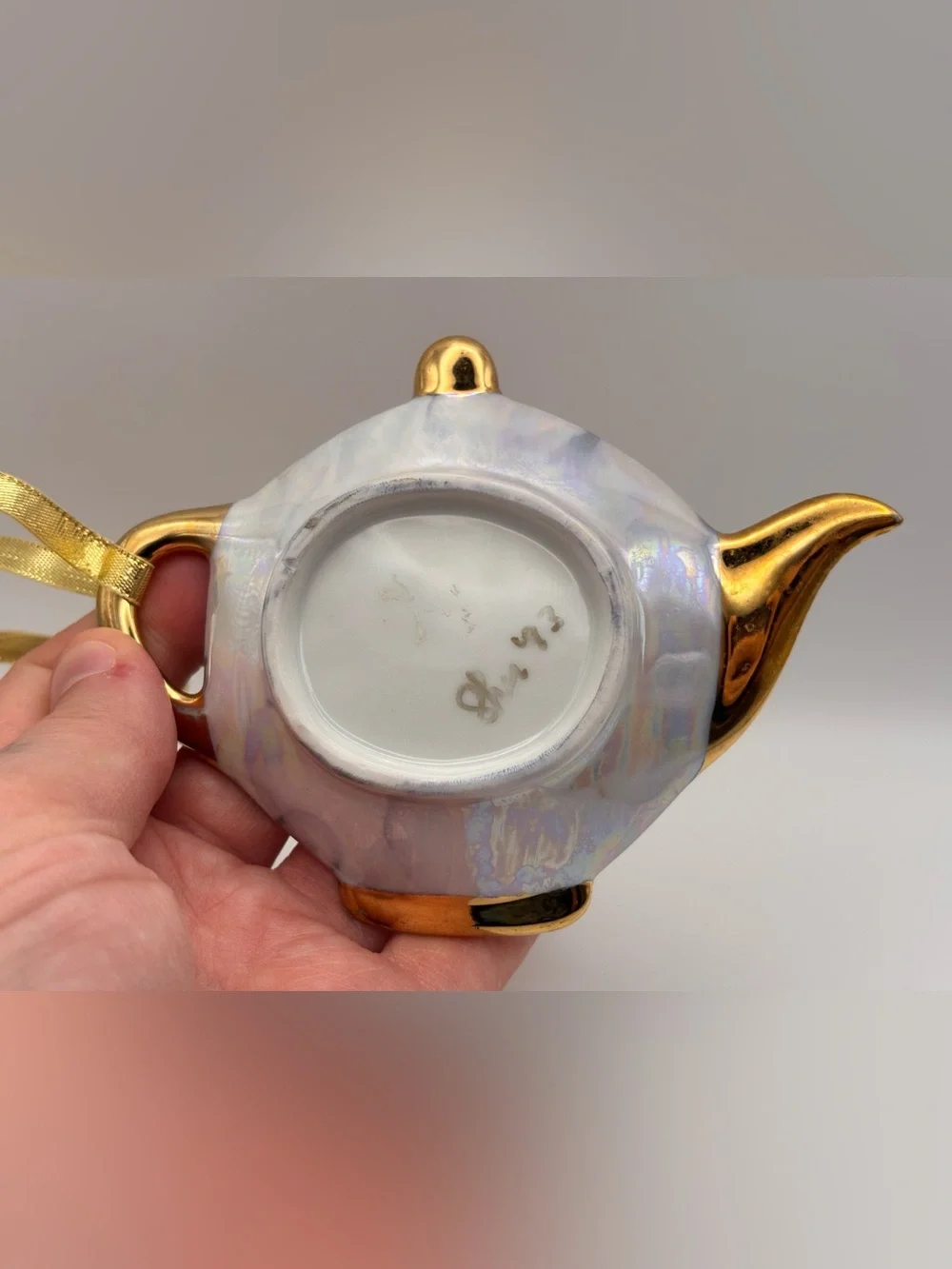 Vintage Lusterware Teabag Rest Ornament Iridescent and Gold Teapot Hanging Decor